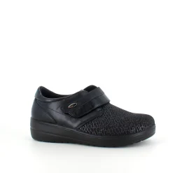 Sygeplejebutikken Sko Til Ældre|Sko Med Velcro*Damesko i sort PU med mønstret overdel, velcrolukning og fleksibel PU-sål