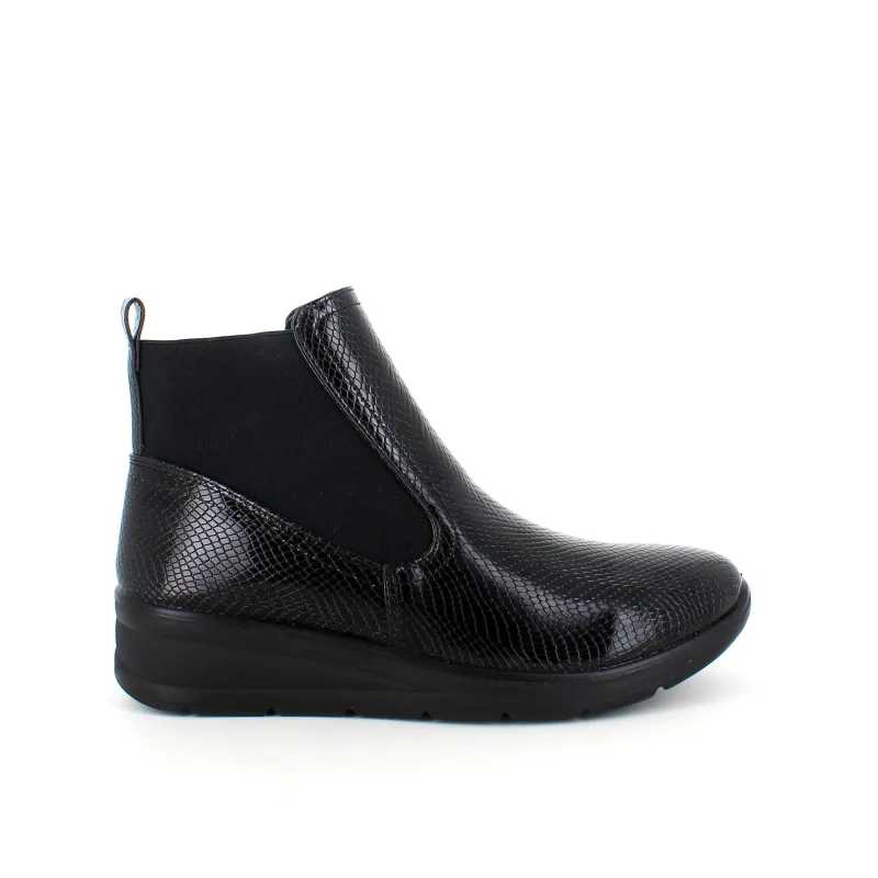 Sygeplejebutikken Kort Støvle Dame|Billige Vinter Støvler*Elegant sort lakstøvle med bred elastikåbning