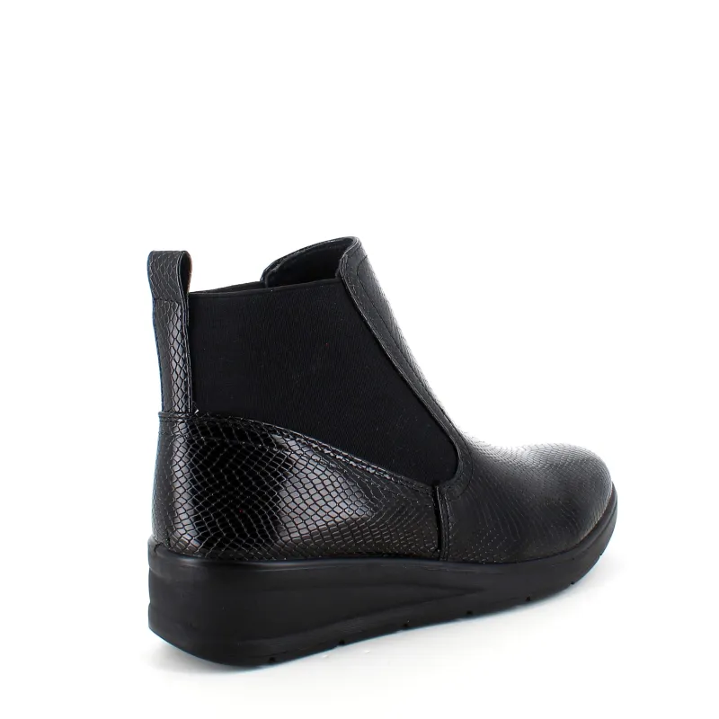 Sygeplejebutikken Kort Støvle Dame|Billige Vinter Støvler*Elegant sort lakstøvle med bred elastikåbning