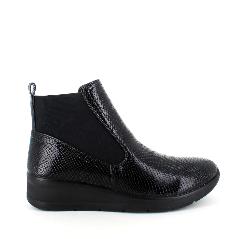 Sygeplejebutikken Kort Støvle Dame|Billige Vinter Støvler*Elegant sort lakstøvle med bred elastikåbning