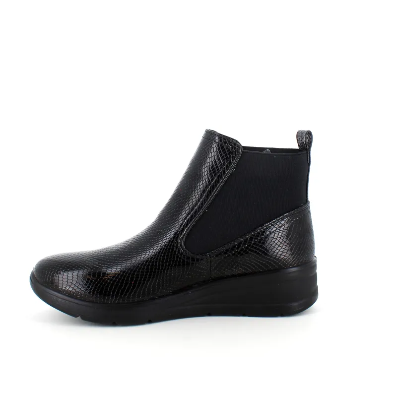 Sygeplejebutikken Kort Støvle Dame|Billige Vinter Støvler*Elegant sort lakstøvle med bred elastikåbning