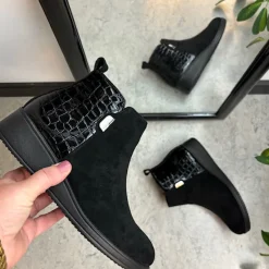 Sygeplejebutikken Kort Støvle Dame|Billige Vinter Støvler*Kort sort støvle med lakdetaljer ved hælen