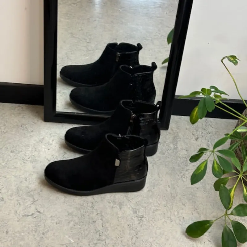 Sygeplejebutikken Kort Støvle Dame|Billige Vinter Støvler*Kort sort støvle med lakdetaljer ved hælen