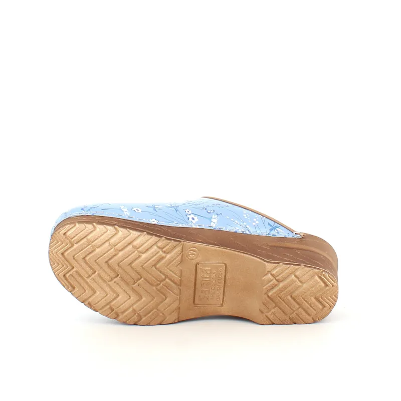 Sanita Clogs|Træsko Dame Modeller*Lyseblå -træsko med smukt blomsterprint.