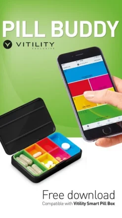 Vitility Medicinophældning|Medicinophældning*Pilleæske med huske app til telefonen.