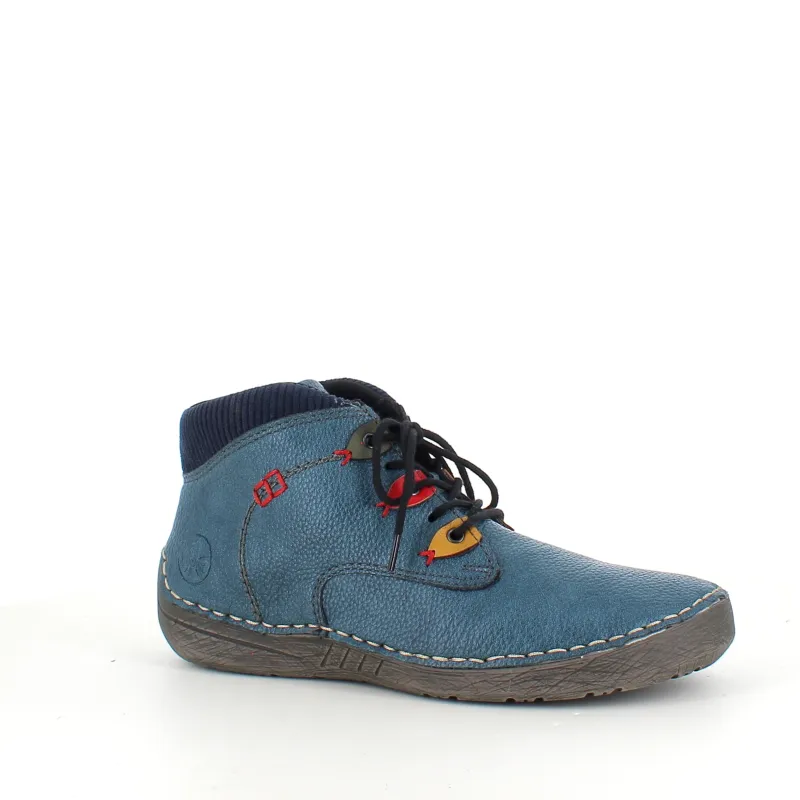 Rieker Kort Støvle Dame|Blå Støvler*– kort blå støvle med snøre og lynlås.