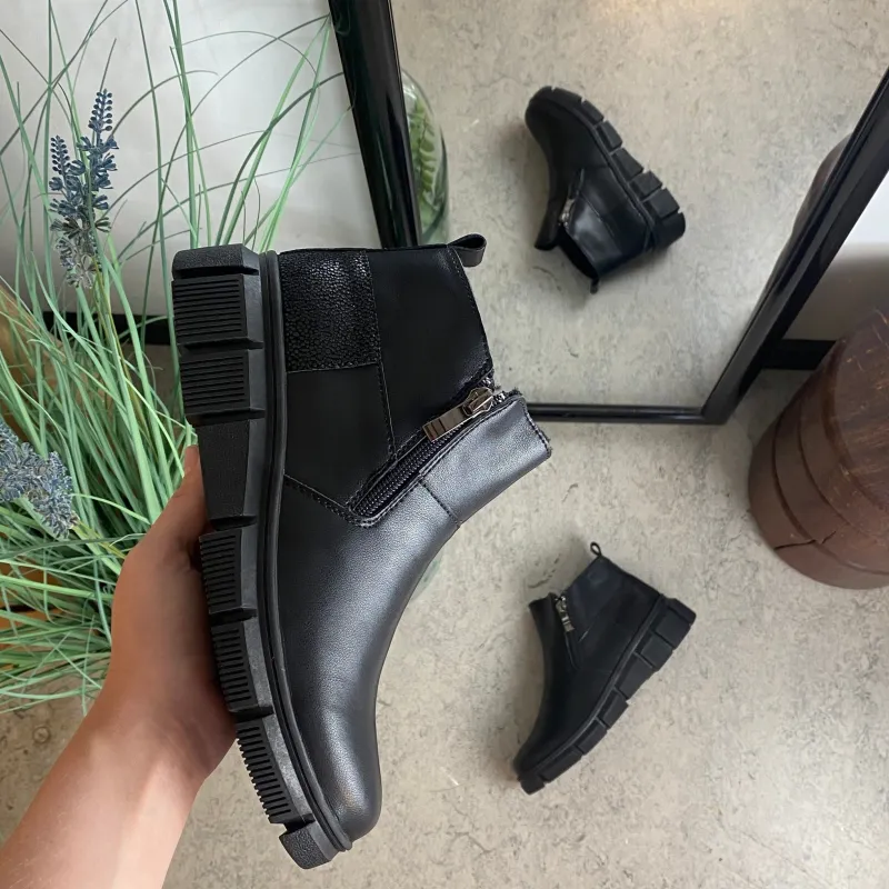 Sygeplejebutikken Kort Støvle Dame|Vinterstøvler Damer*Sort læder ankelstøvle med for og dobbelt lynlås