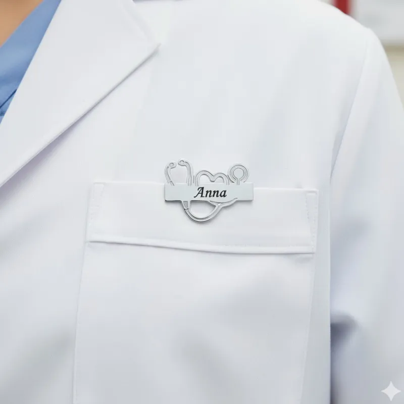 Sygeplejebutikken Lommetilbehør|Gravering*Stetoskop navneskilt i sølvfarvet stål – professionelt og personligt look til sundhedspersonale