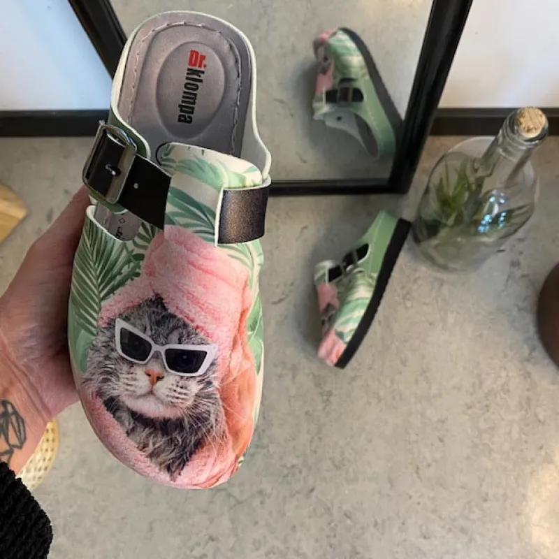 Sygeplejebutikken Clogs|Træsko Dame Modeller*Træsko med print en cool kat