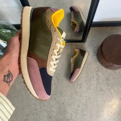 Woden Sommersko Dame|Overgangssko*multifarvet sneaker med mesh, læder & ruskind – udtagelig korkindersål & fleksibel rågummisål